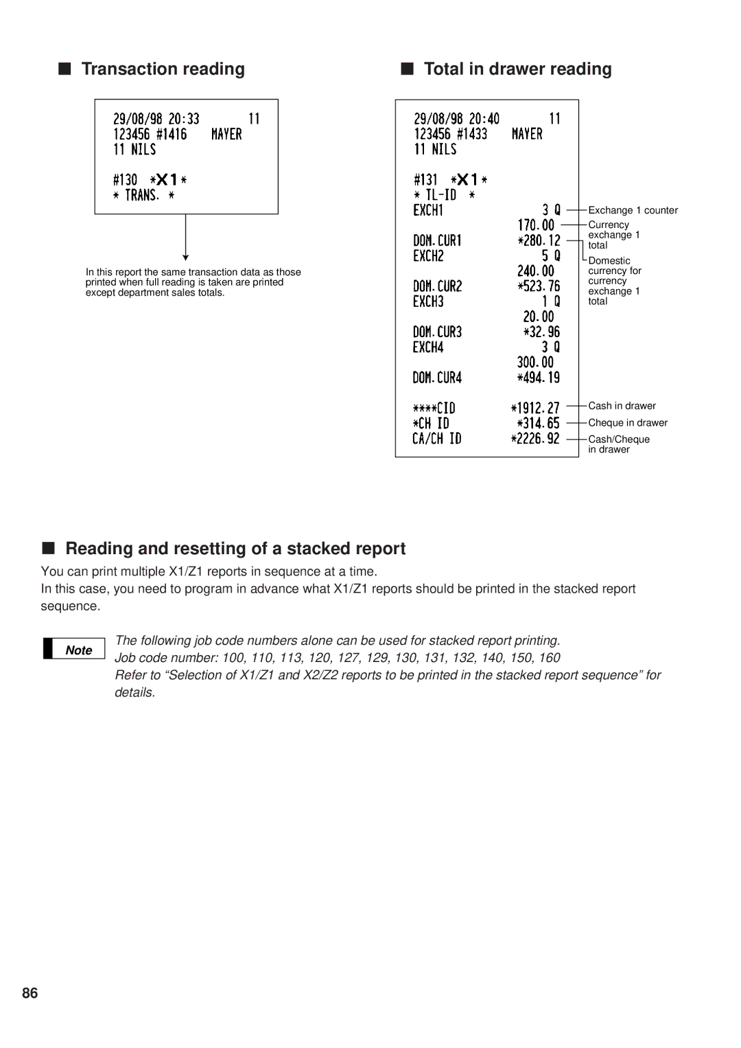 Sharp ER-A450 instruction manual Transaction reading Total in drawer reading, Reading and resetting of a stacked report 