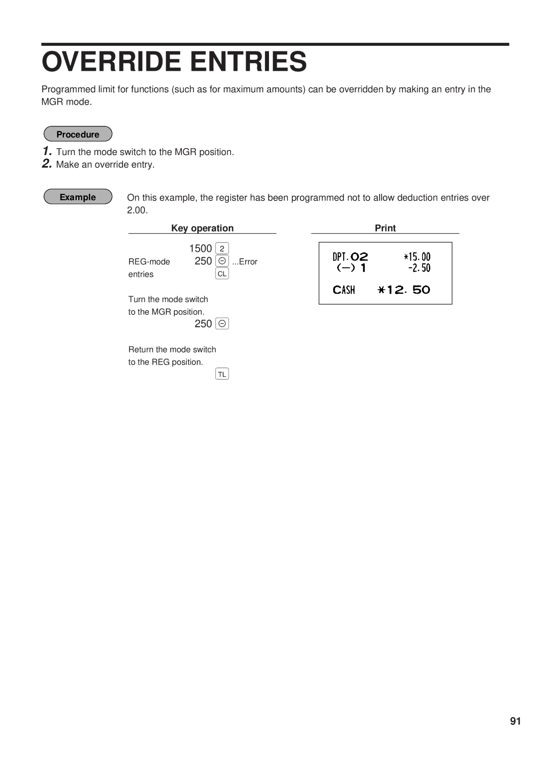 Sharp ER-A450 instruction manual Override Entries, 250, 1500 