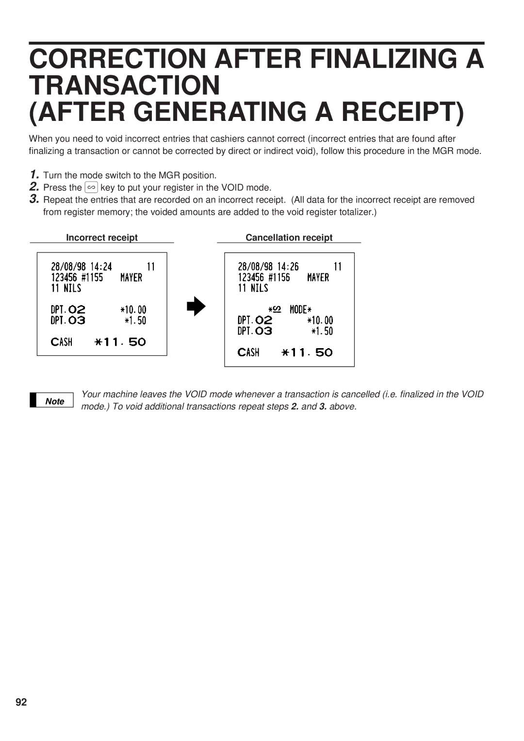 Sharp ER-A450 instruction manual Incorrect receipt Cancellation receipt 