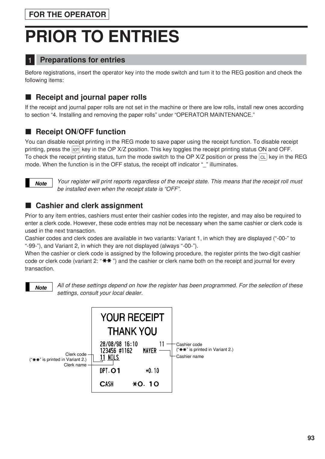 Sharp ER-A450 Prior to Entries, Preparations for entries, Receipt and journal paper rolls, Receipt ON/OFF function 