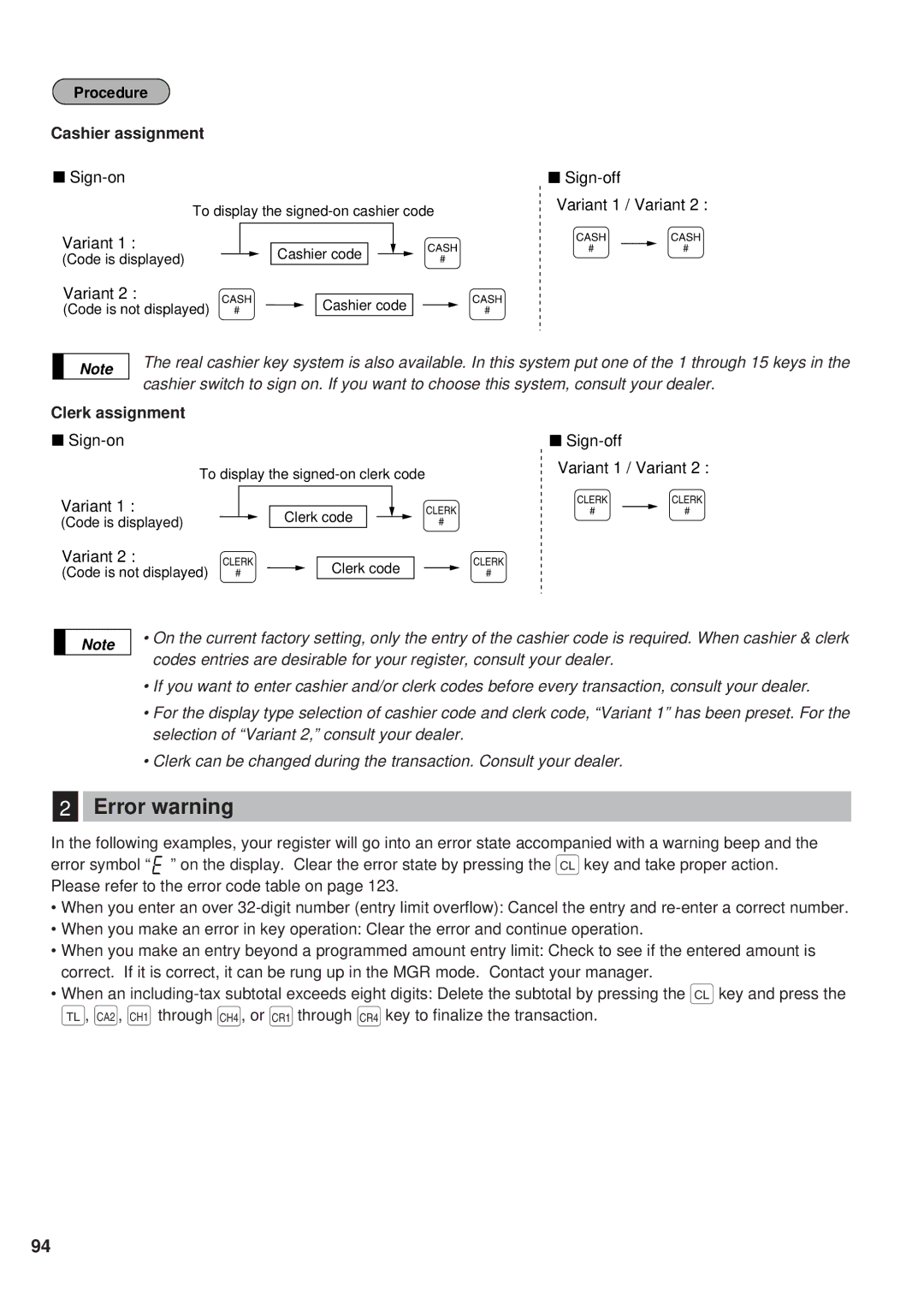 Sharp ER-A450 instruction manual Error warning, Cashier assignment, Clerk assignment 