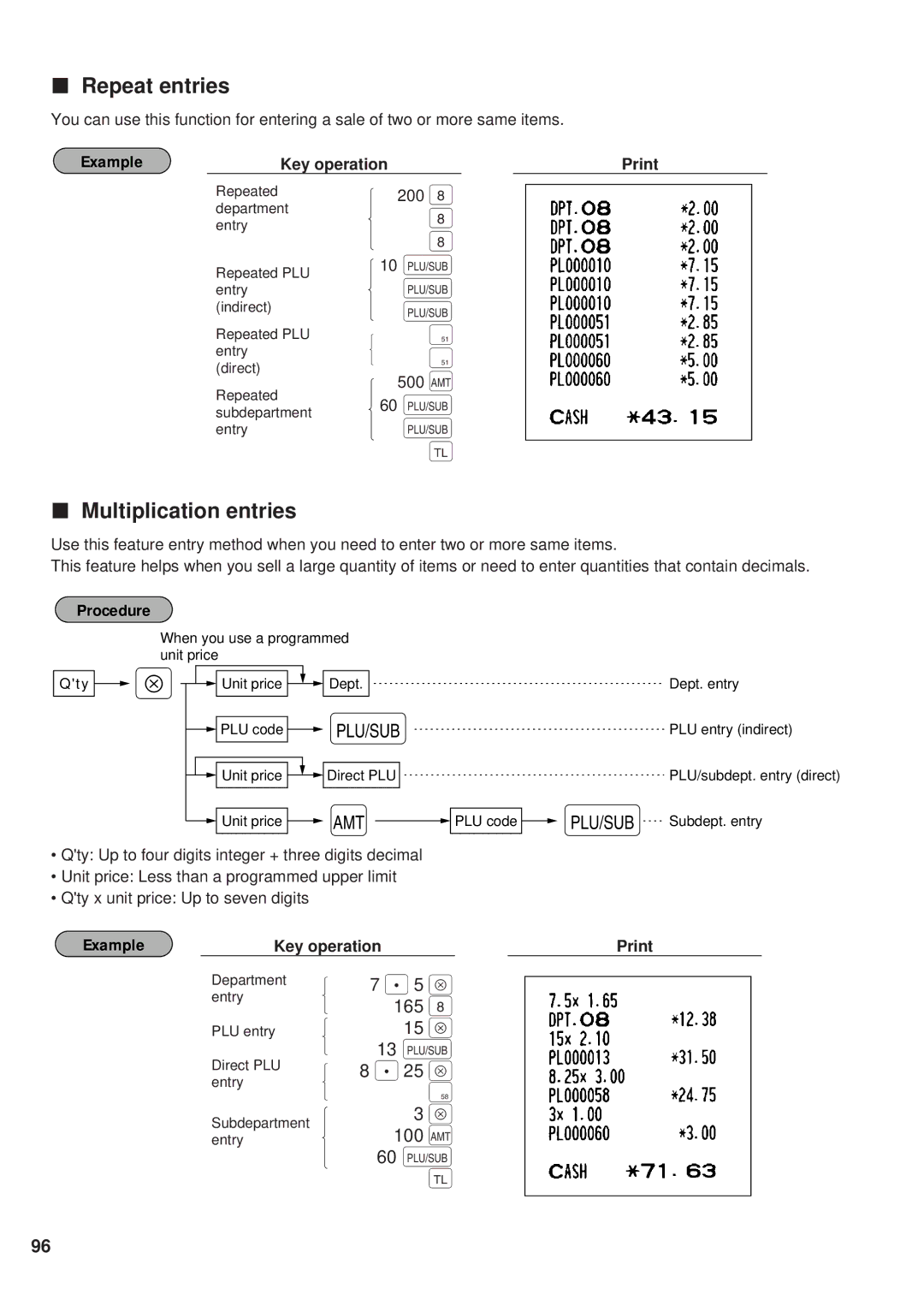 Sharp ER-A450 instruction manual 25 Å, Repeat entries, Multiplication entries, 165 15 Å 13 §, 100 Œ 60 § 