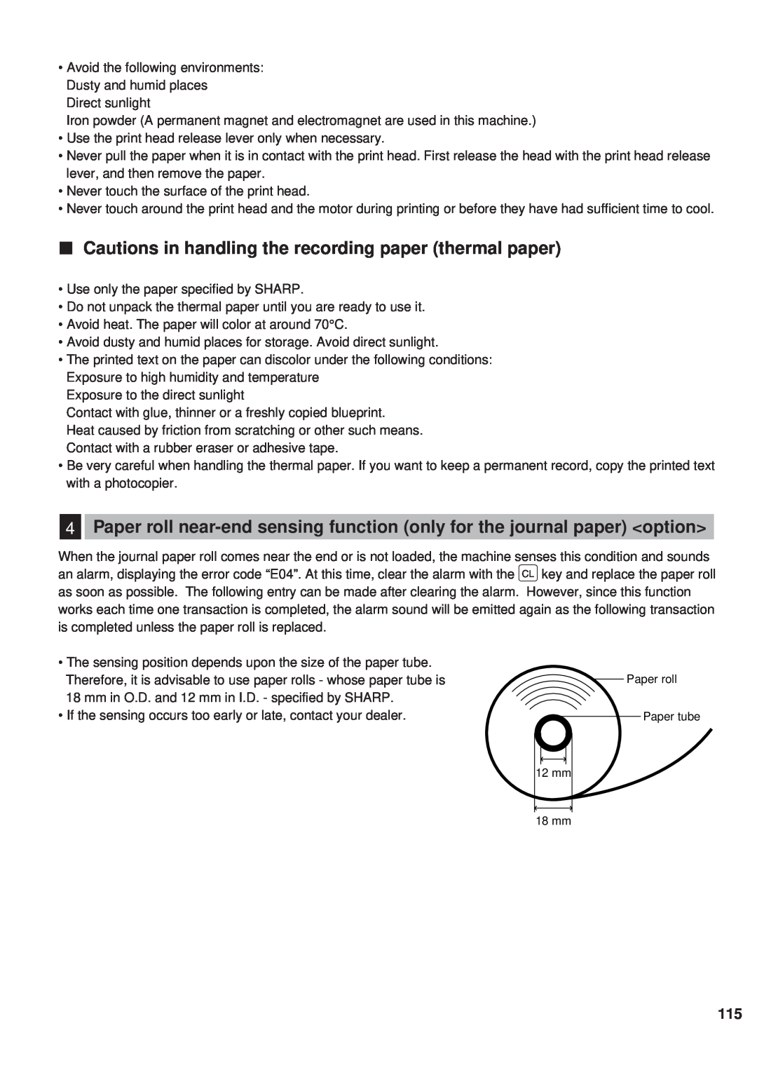 Sharp ER-A450 instruction manual Cautions in handling the recording paper thermal paper 