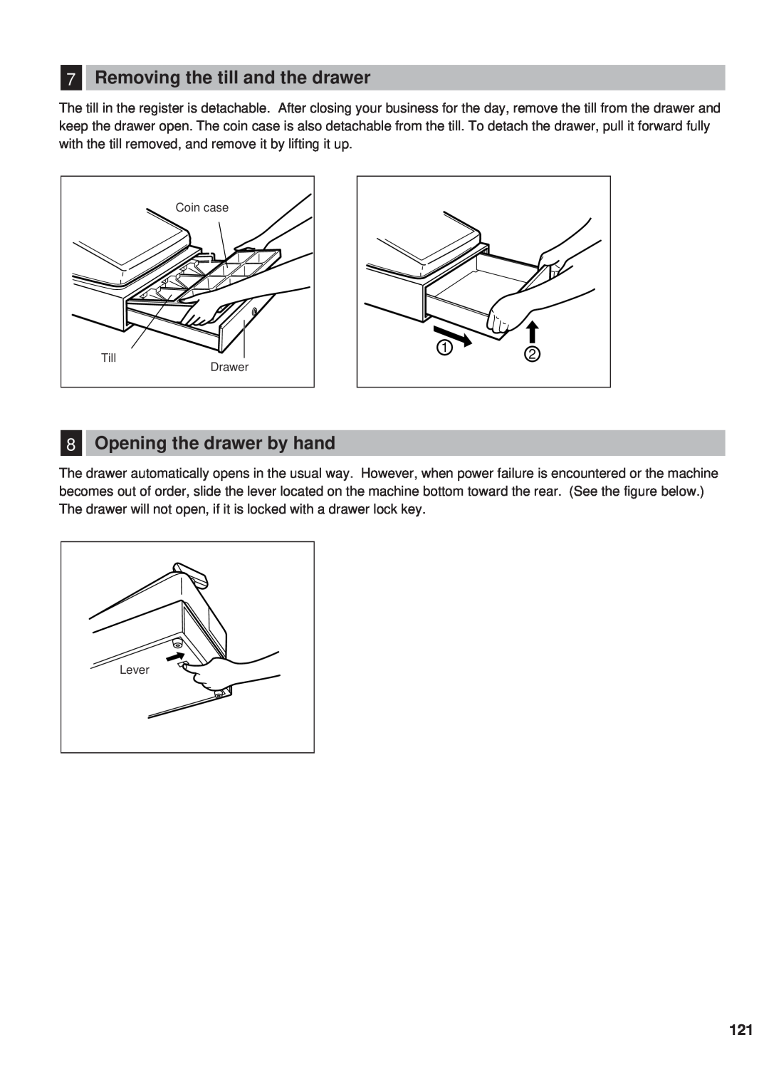 Sharp ER-A450 instruction manual Removing the till and the drawer, Opening the drawer by hand, Coin case 