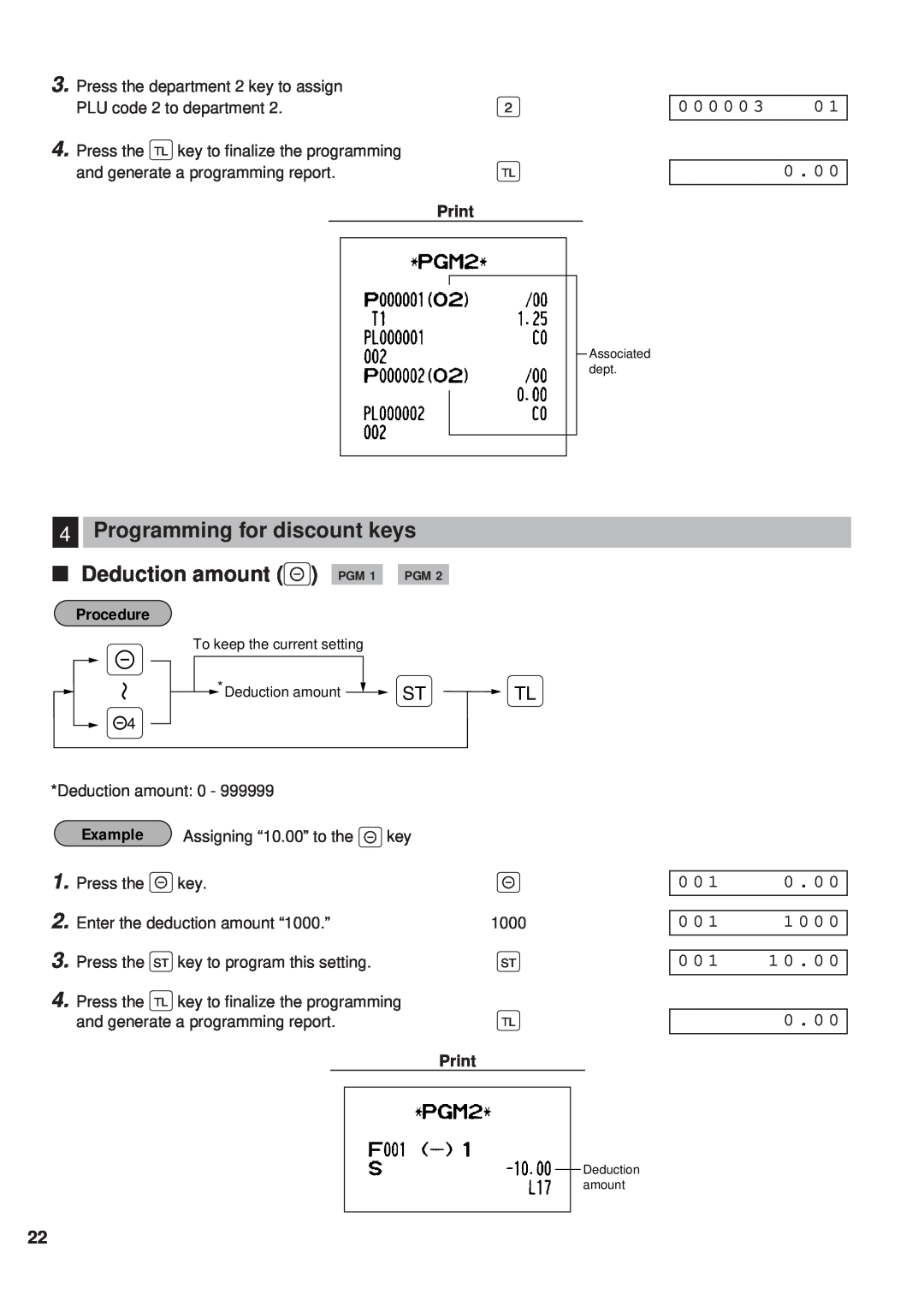 Sharp ER-A450 instruction manual Programming for discount keys Deduction amount - PGM 1 PGM, Procedure, Example, Print 