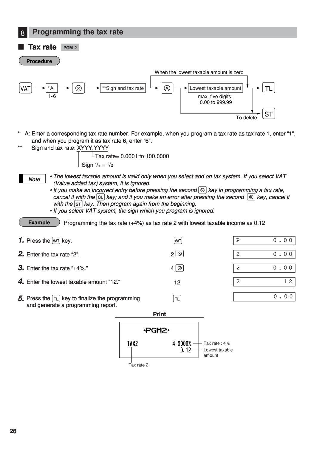 Sharp ER-A450 instruction manual Programming the tax rate Tax rate PGM, 2 1 0 . 0, Procedure, Example, Print 