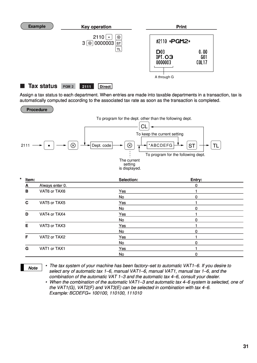 Sharp ER-A450 instruction manual Tax status PGM 2, 2110 . Å 3 Å, Example, Procedure, Key operation, Print, Direct 