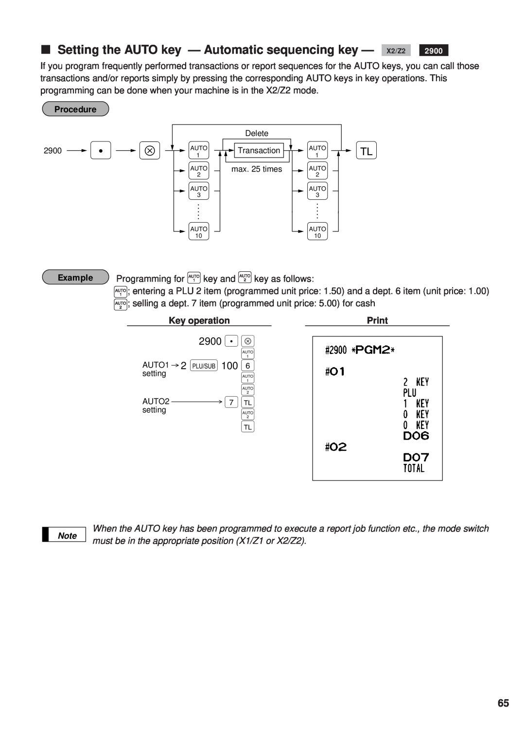Sharp ER-A450 Setting the AUTO key - Automatic sequencing key - X2/Z2, 2900 . Å, AUTO1 2 § 100, Procedure, Example, Print 
