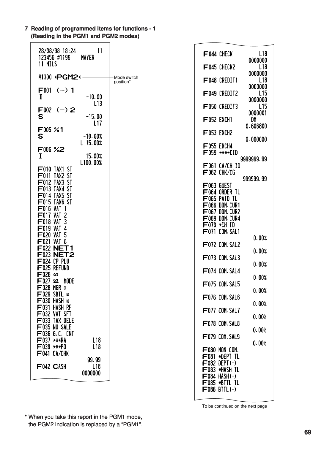 Sharp ER-A450 instruction manual Mode switch position, To be continued on the next page 