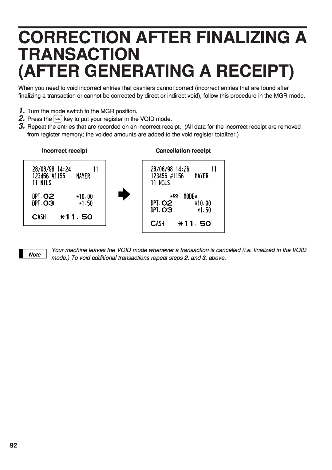Sharp ER-A450 instruction manual Correction After Finalizing A Transaction After Generating A Receipt, Incorrect receipt 