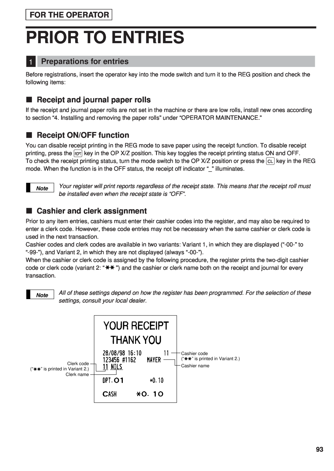 Sharp ER-A450 Prior To Entries, For The Operator, Preparations for entries, Receipt and journal paper rolls 