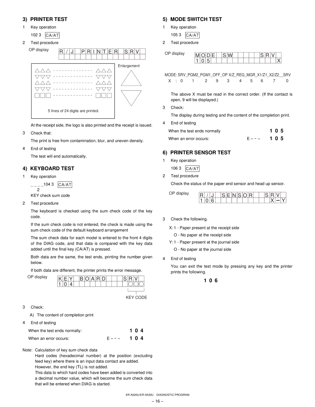 Sharp ER-A520, ER-A530 service manual Printer Test, Keyboard Test, Mode Switch Test, Printer Sensor Test 