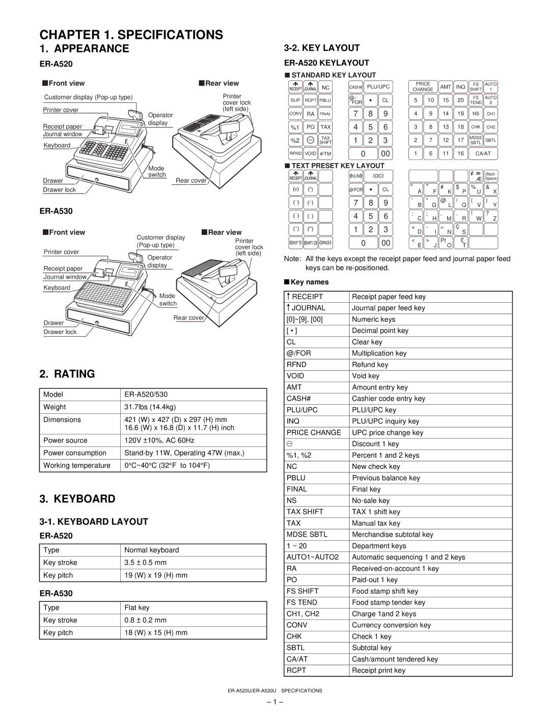 Sharp ER-A530, ER-A520 service manual Specifications, Appearance, Rating, Keyboard, KEY Layout 