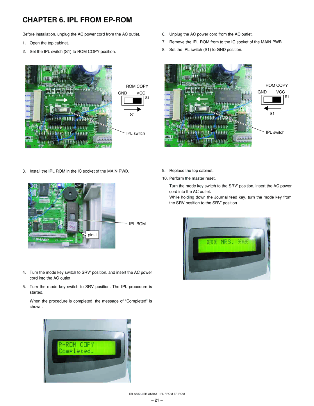 Sharp ER-A530, ER-A520 service manual IPL from EP-ROM, ROM Copy GND VCC, Ipl Rom 