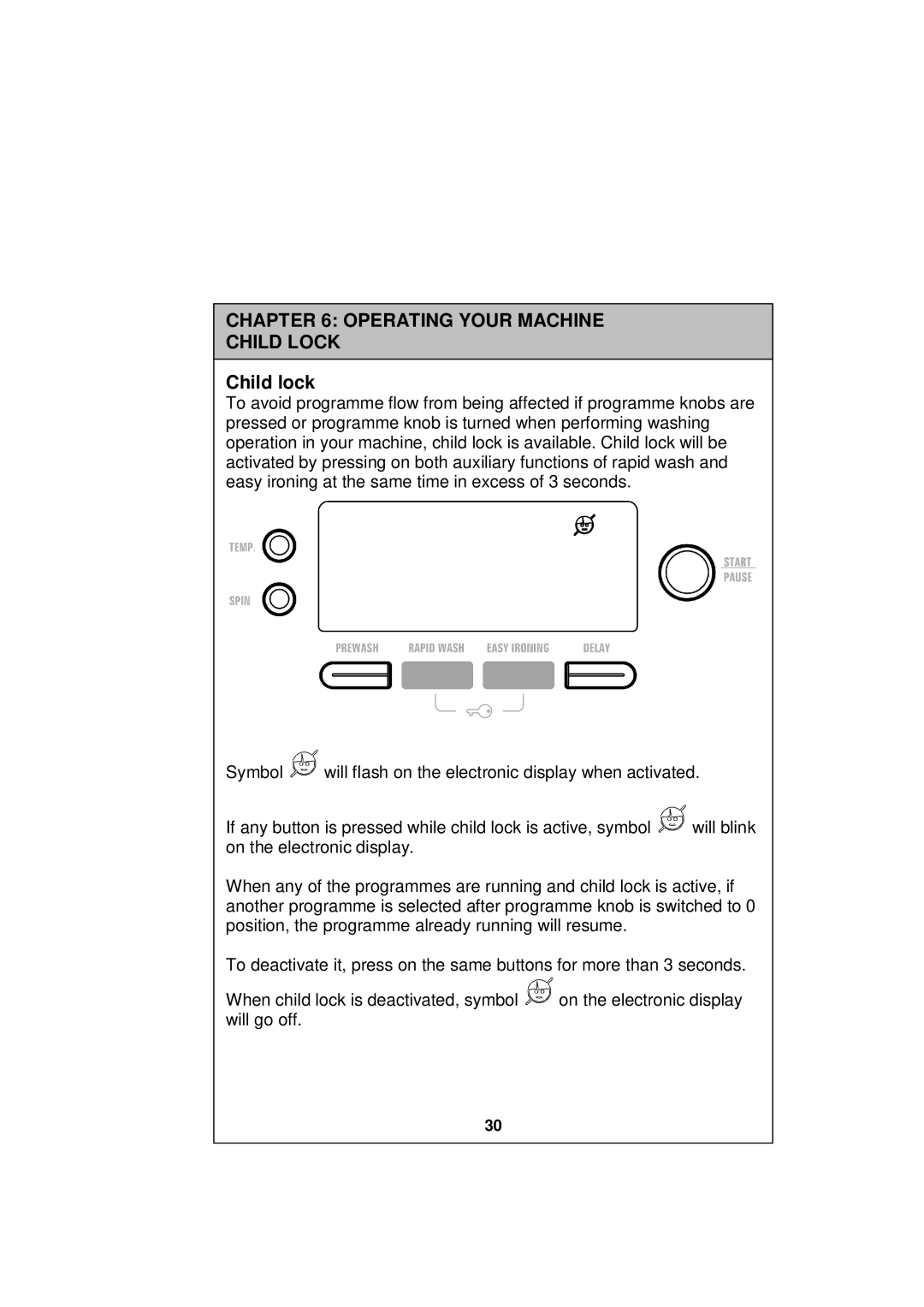 Sharp ESV80HA user manual Operating Your Machine Child Lock, Child lock 