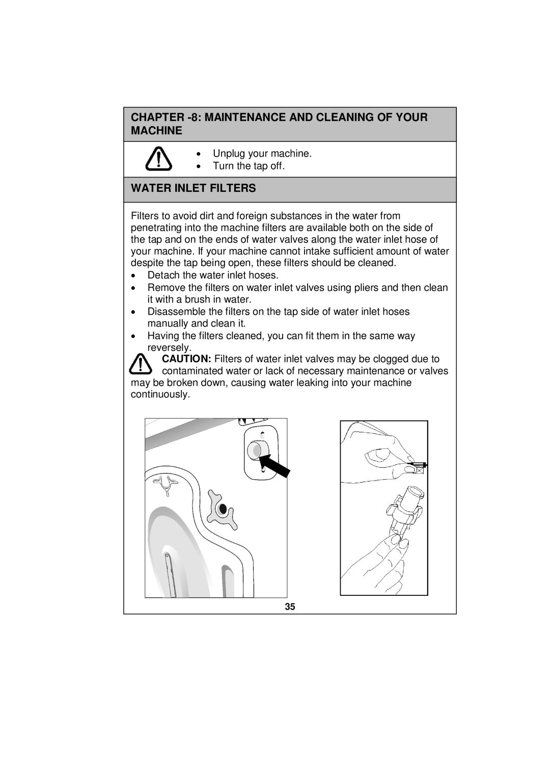 Sharp ESV80HA user manual Maintenance and Cleaning of Your Machine, Water Inlet Filters 