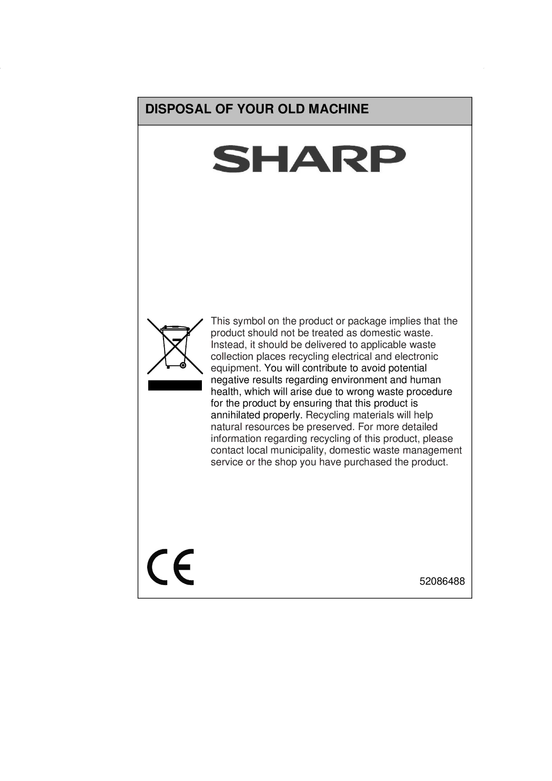 Sharp ESV80HA user manual Disposal of Your OLD Machine 