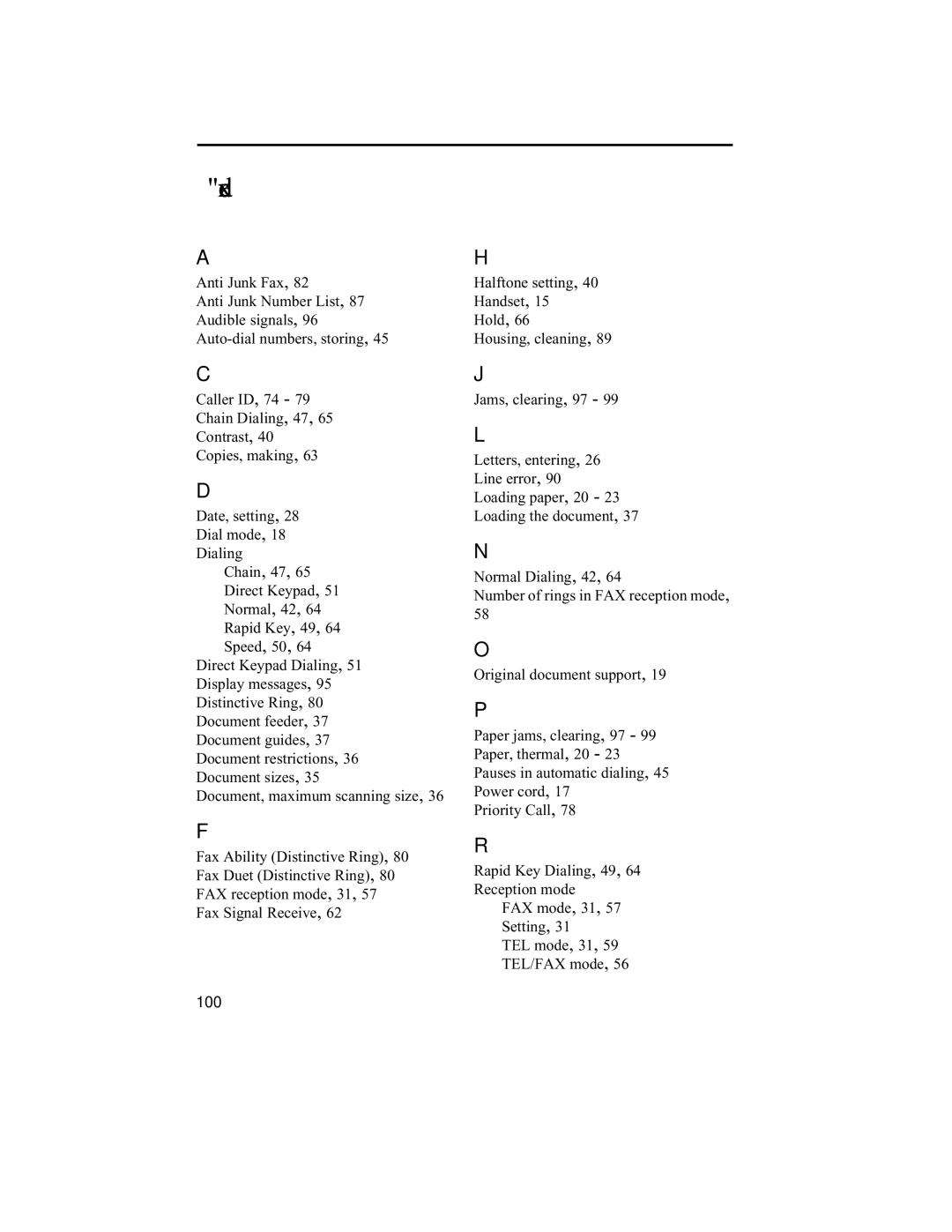 Sharp F0-50 F0-70 operation manual Index, 100 