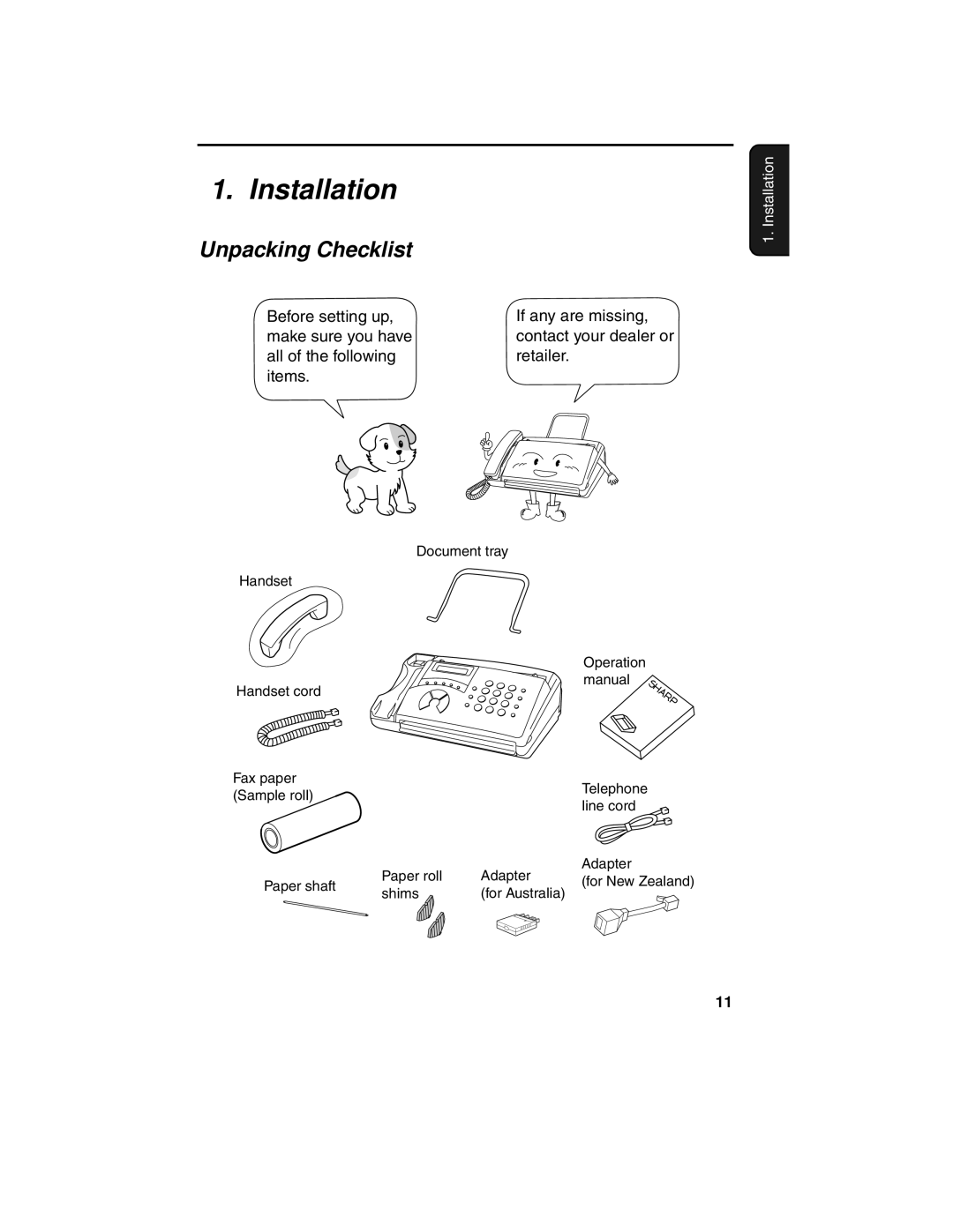 Sharp F0-50 F0-70 operation manual Installation, Unpacking Checklist 