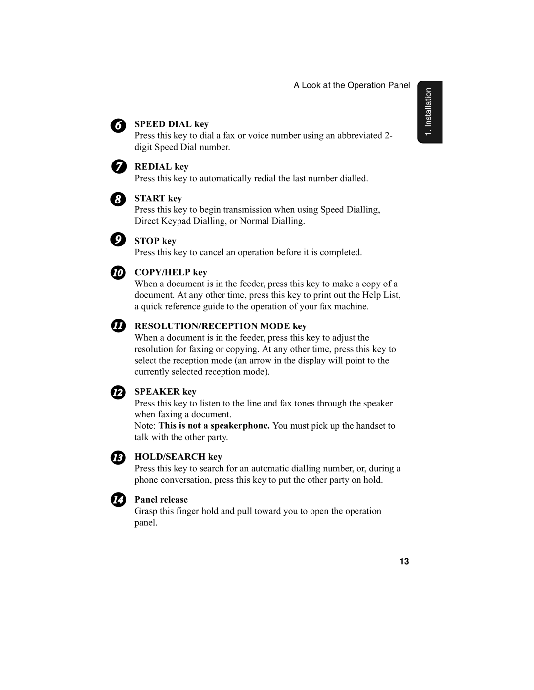 Sharp F0-50 F0-70 Speed Dial key, Redial key, Start key, Stop key, COPY/HELP key, RESOLUTION/RECEPTION Mode key 