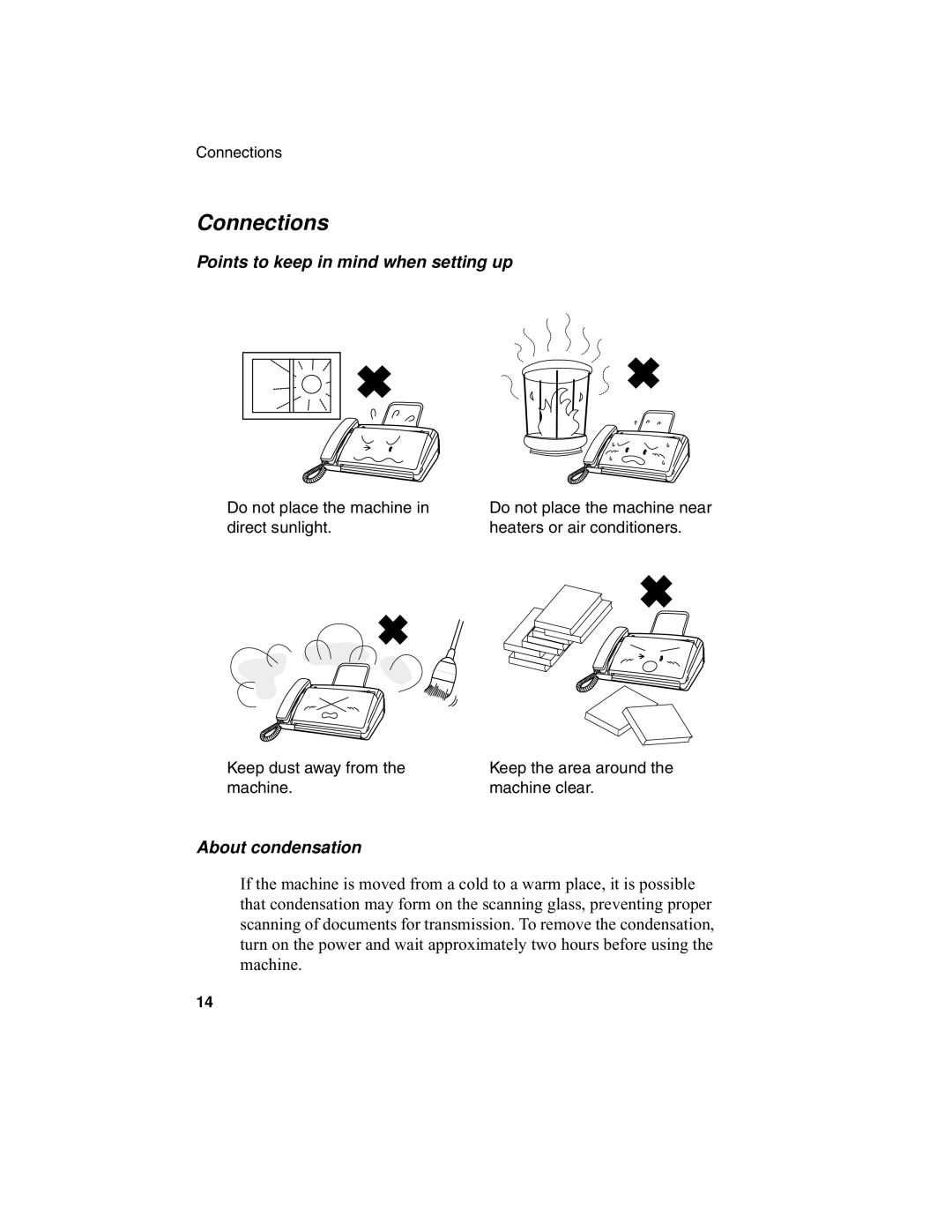 Sharp F0-50 F0-70 operation manual Connections, Points to keep in mind when setting up, About condensation 