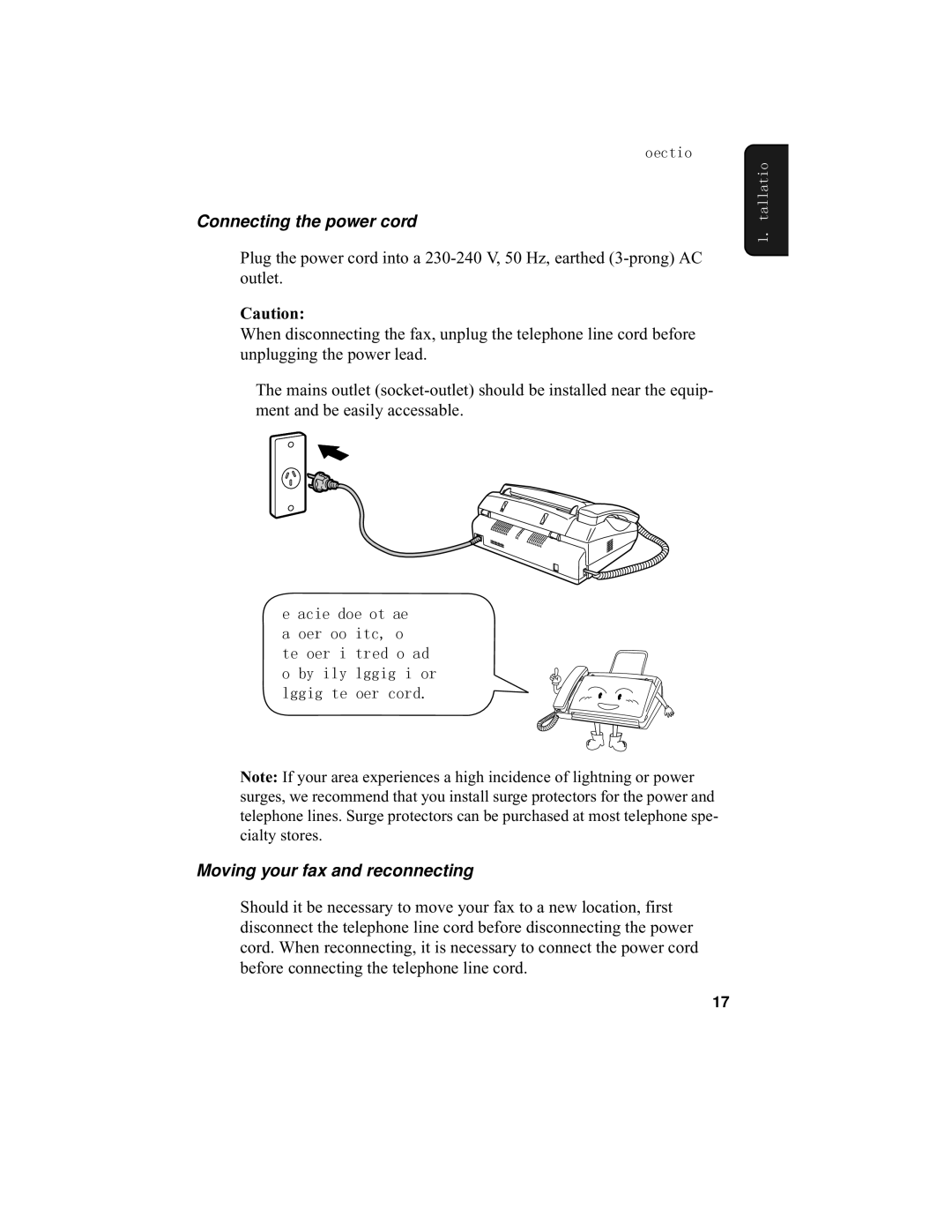 Sharp F0-50 F0-70 operation manual Connecting the power cord, Moving your fax and reconnecting 