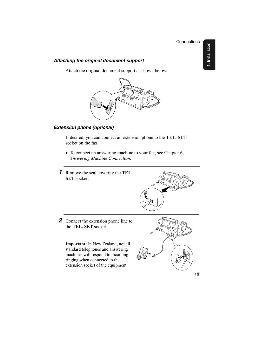 Sharp F0-50 F0-70 operation manual Attaching the original document support, Extension phone optional 