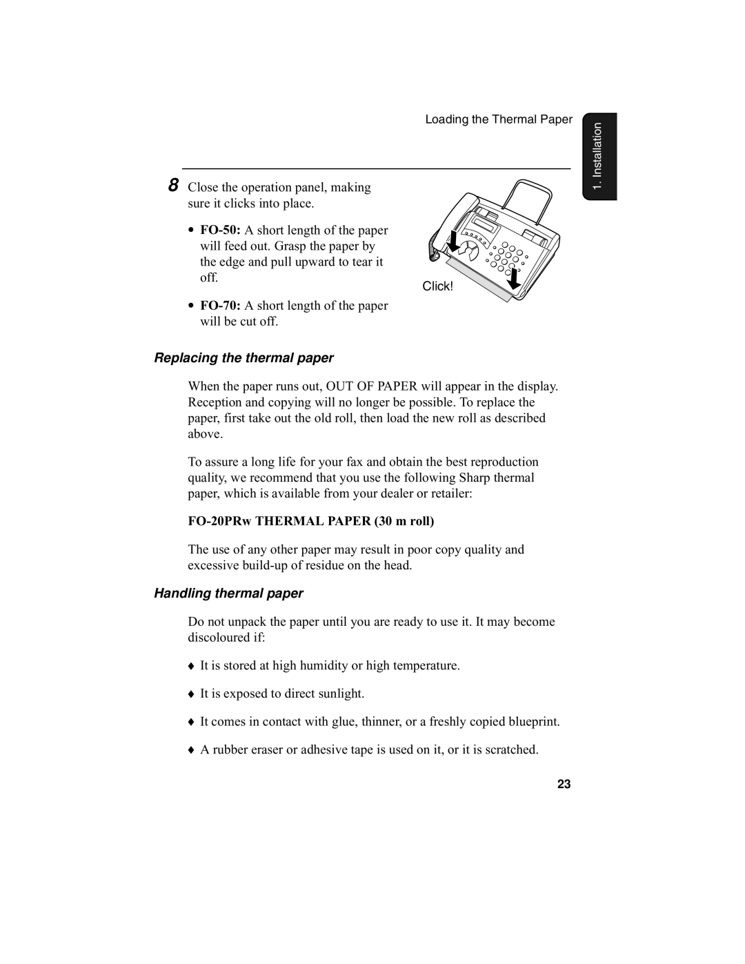 Sharp F0-50 F0-70 operation manual Replacing the thermal paper, FO-20PRw Thermal Paper 30 m roll, Handling thermal paper 