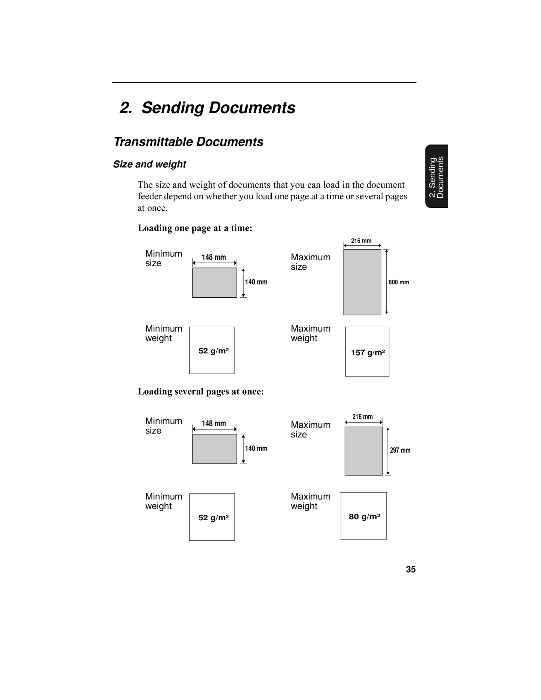 Sharp F0-50 F0-70 operation manual Sending Documents, Transmittable Documents, Size and weight, Loading one page at a time 