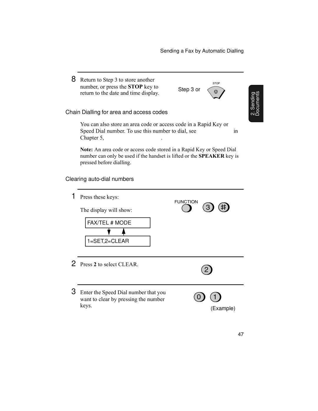 Sharp F0-50 F0-70 operation manual Chain Dialling for area and access codes, Clearing auto-dial numbers 