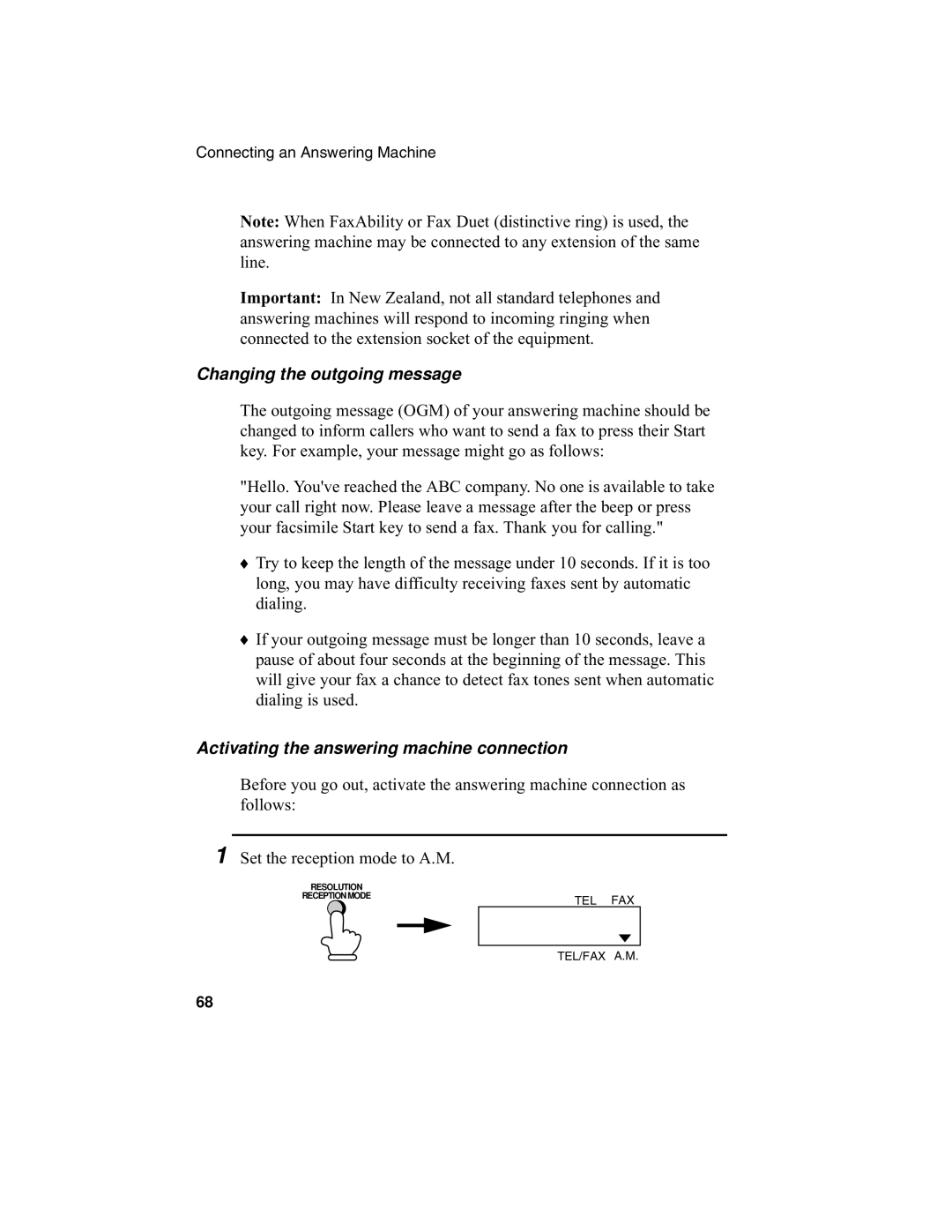 Sharp F0-50 F0-70 operation manual Changing the outgoing message, Activating the answering machine connection 