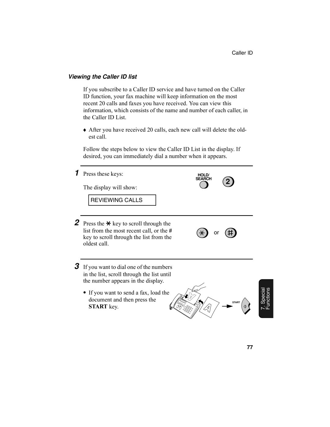 Sharp F0-50 F0-70 operation manual Viewing the Caller ID list, Start key 