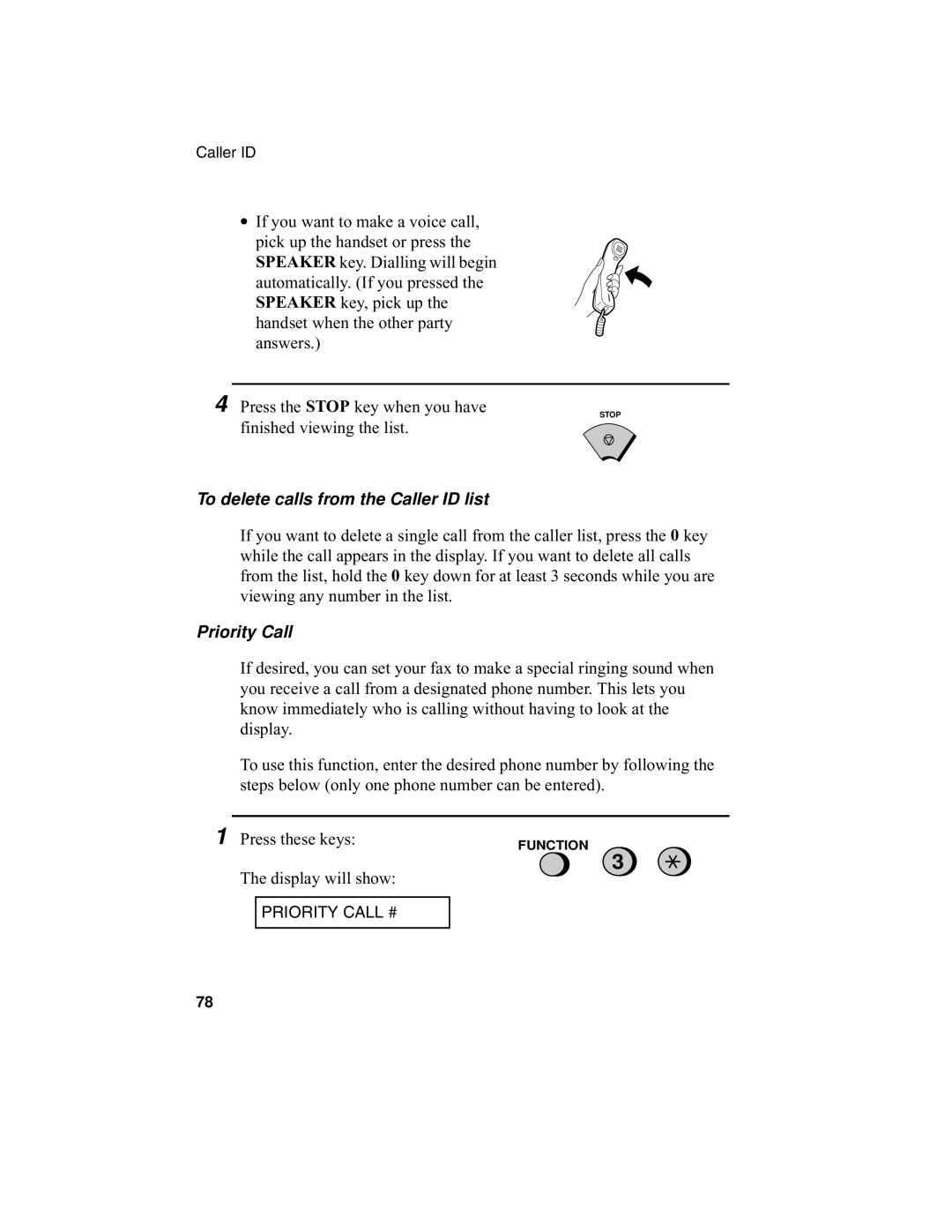 Sharp F0-50 F0-70 operation manual To delete calls from the Caller ID list, Priority Call 