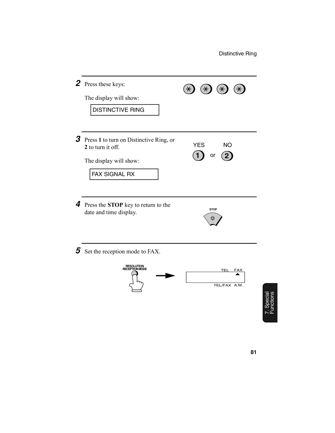 Sharp F0-50 F0-70 operation manual Press 1 to turn on Distinctive Ring, or To turn it off 