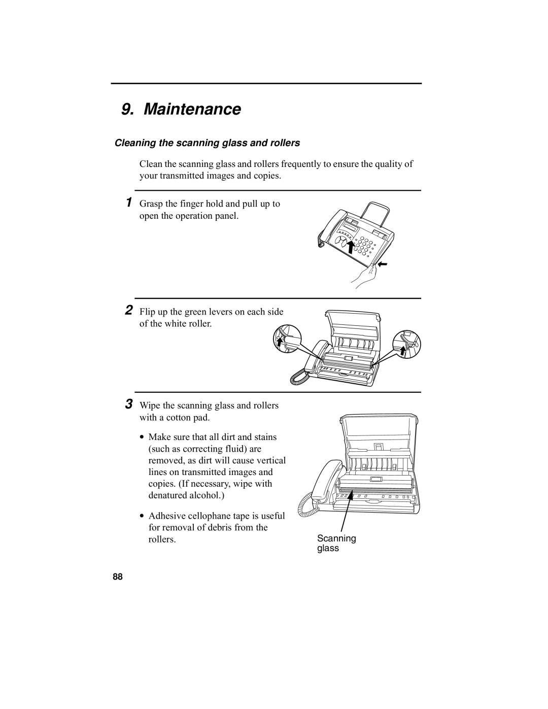 Sharp F0-50 F0-70 operation manual Maintenance, Cleaning the scanning glass and rollers 