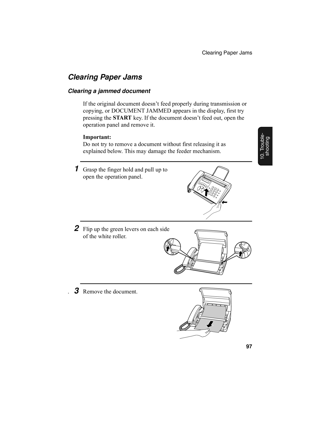 Sharp F0-50 F0-70 operation manual Clearing Paper Jams, Clearing a jammed document 