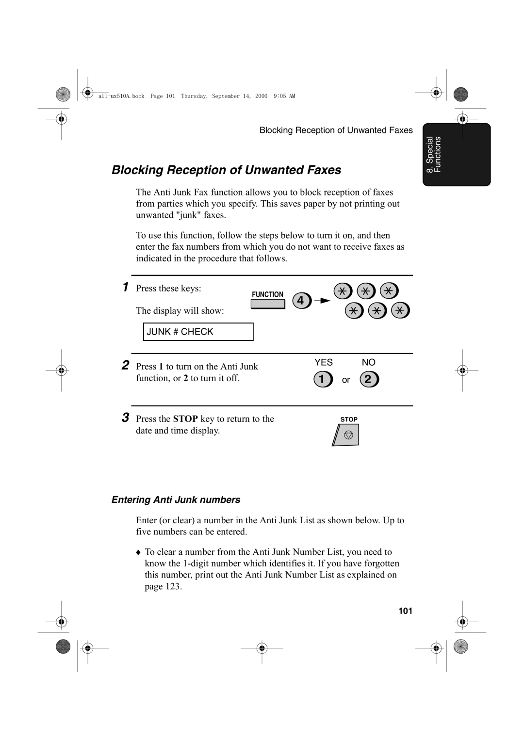 Sharp FO-1470 operation manual Blocking Reception of Unwanted Faxes, Entering Anti Junk numbers, 101 