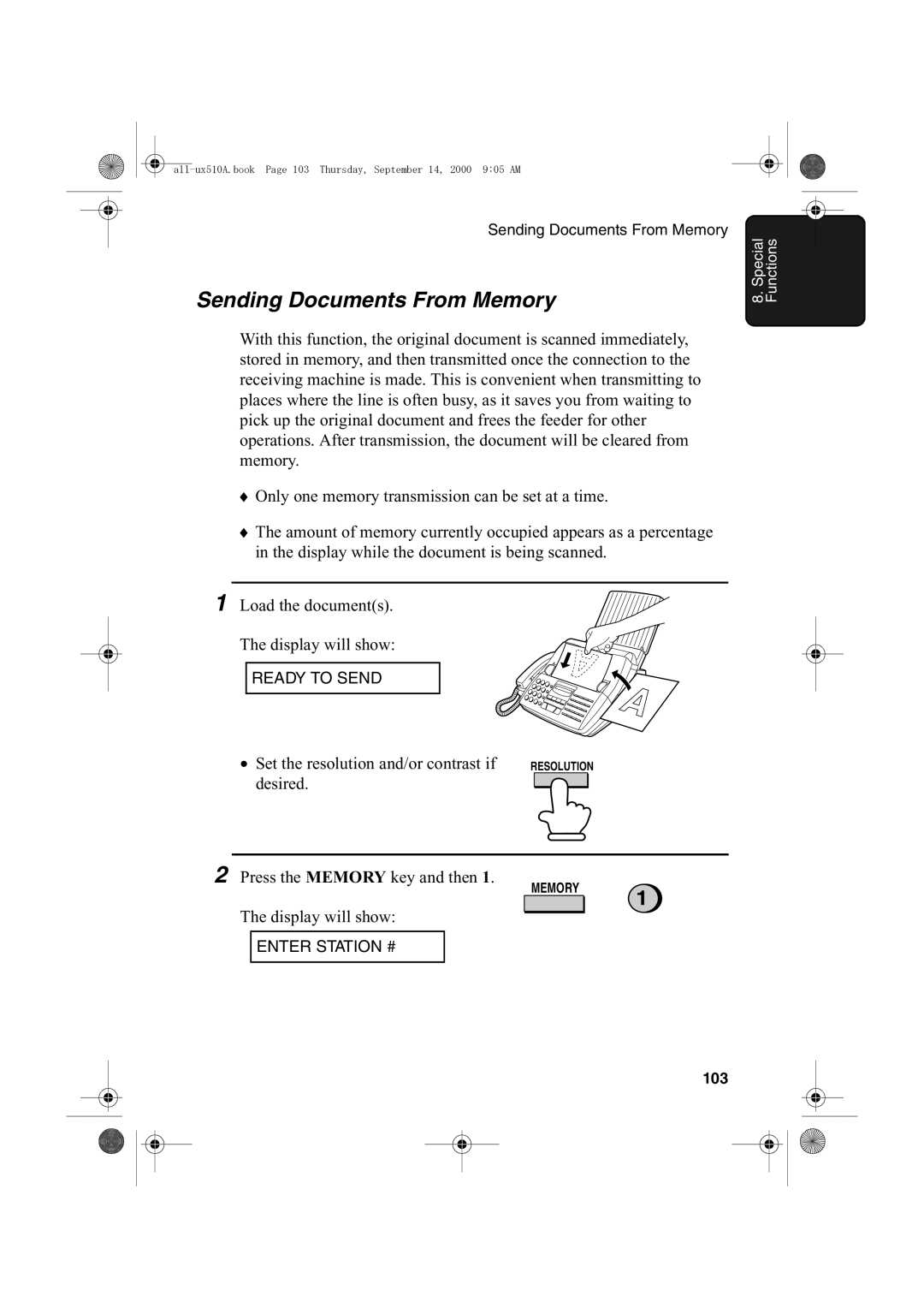 Sharp FO-1470 operation manual Sending Documents From Memory, 103 