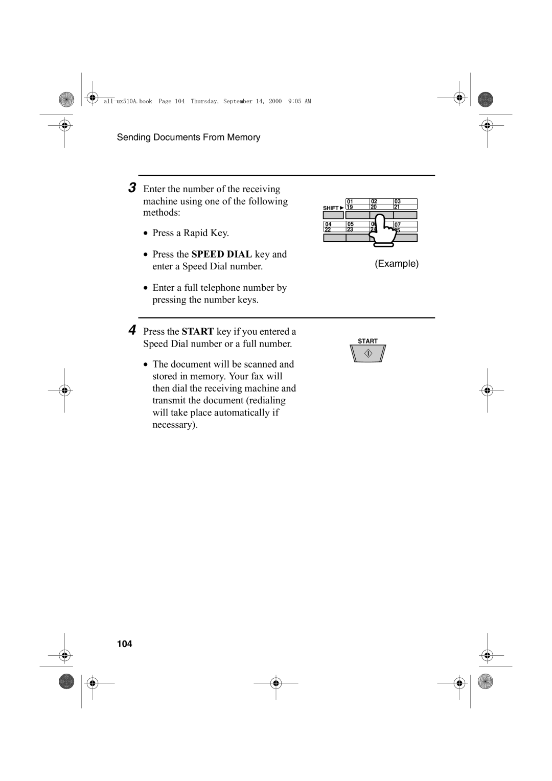 Sharp FO-1470 operation manual Methods, Press a Rapid Key, Speed Dial number or a full number, 104 