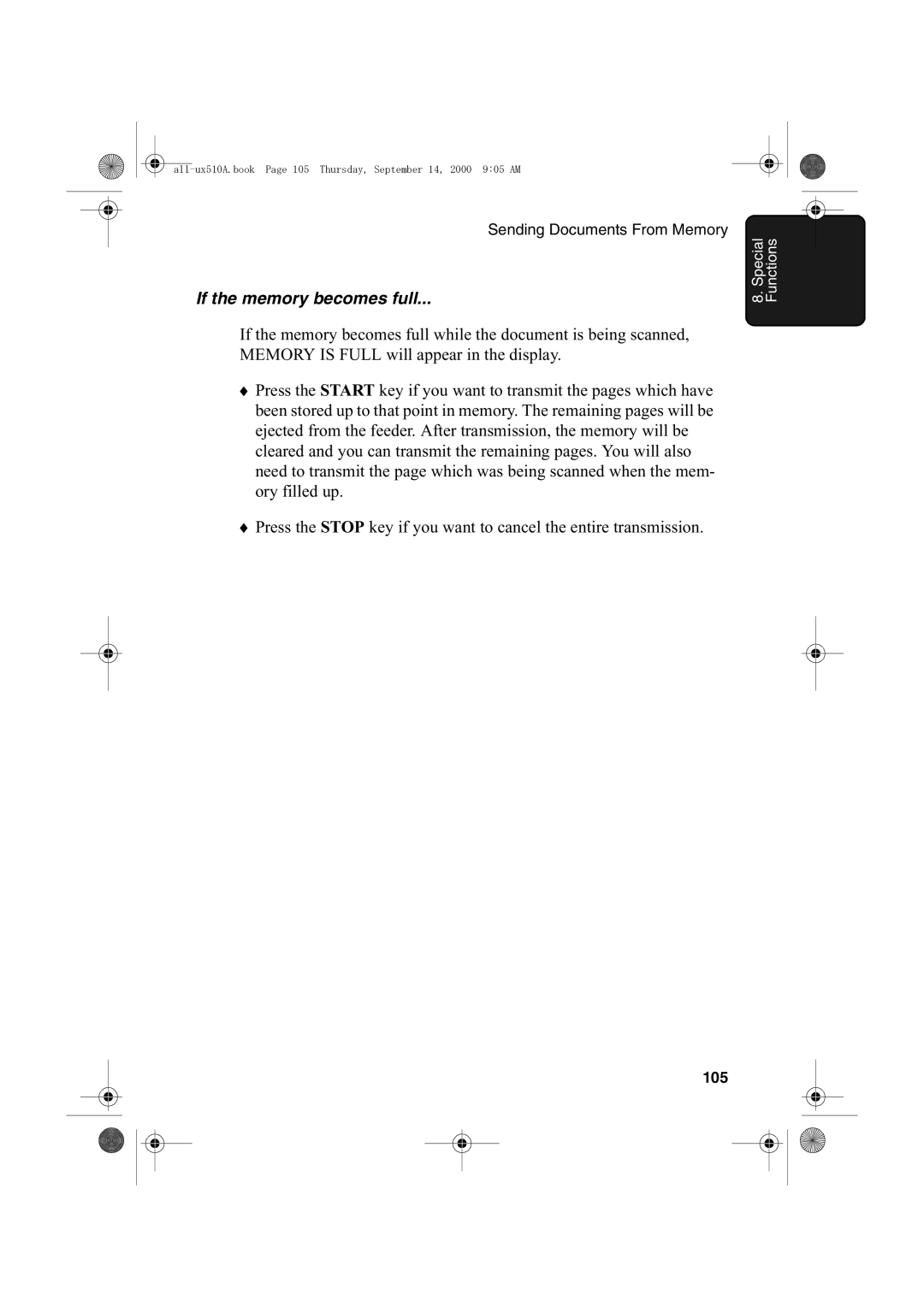 Sharp FO-1470 operation manual If the memory becomes full, 105 