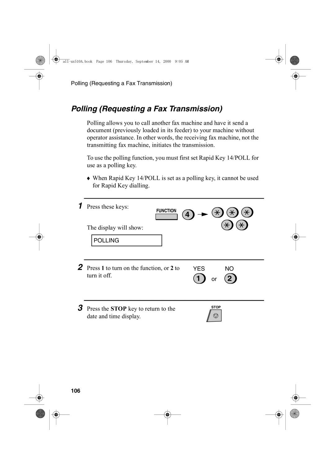 Sharp FO-1470 operation manual Polling Requesting a Fax Transmission, 106 