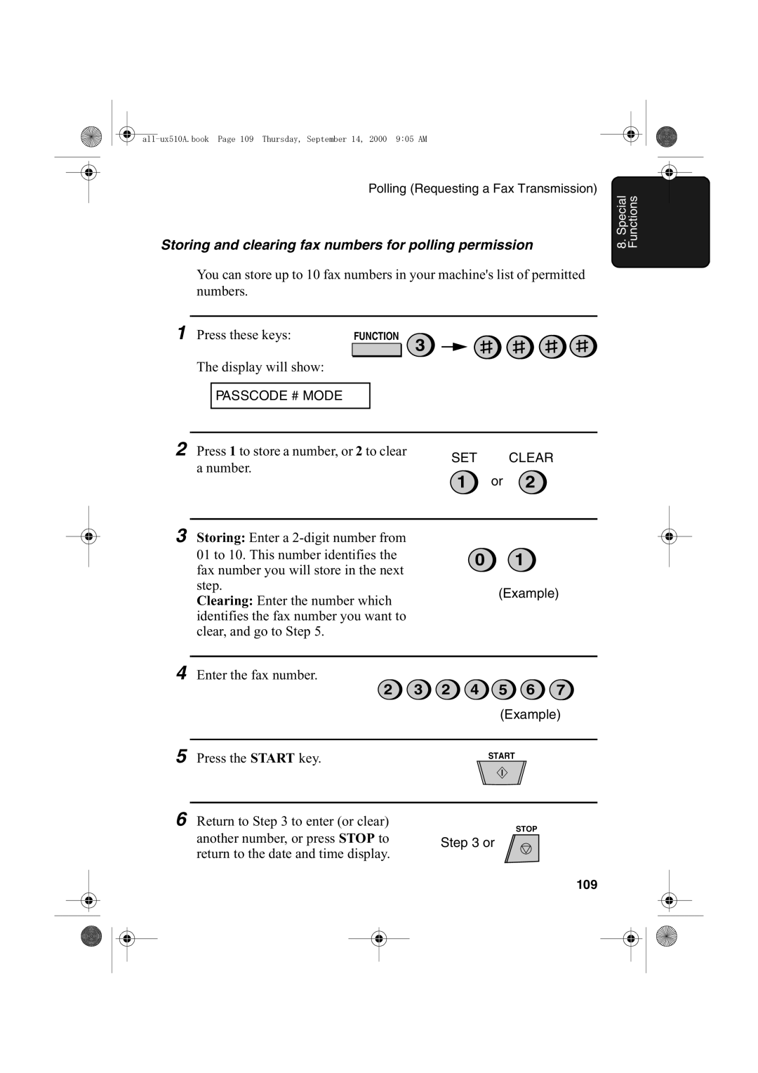 Sharp FO-1470 operation manual Storing and clearing fax numbers for polling permission, 109 