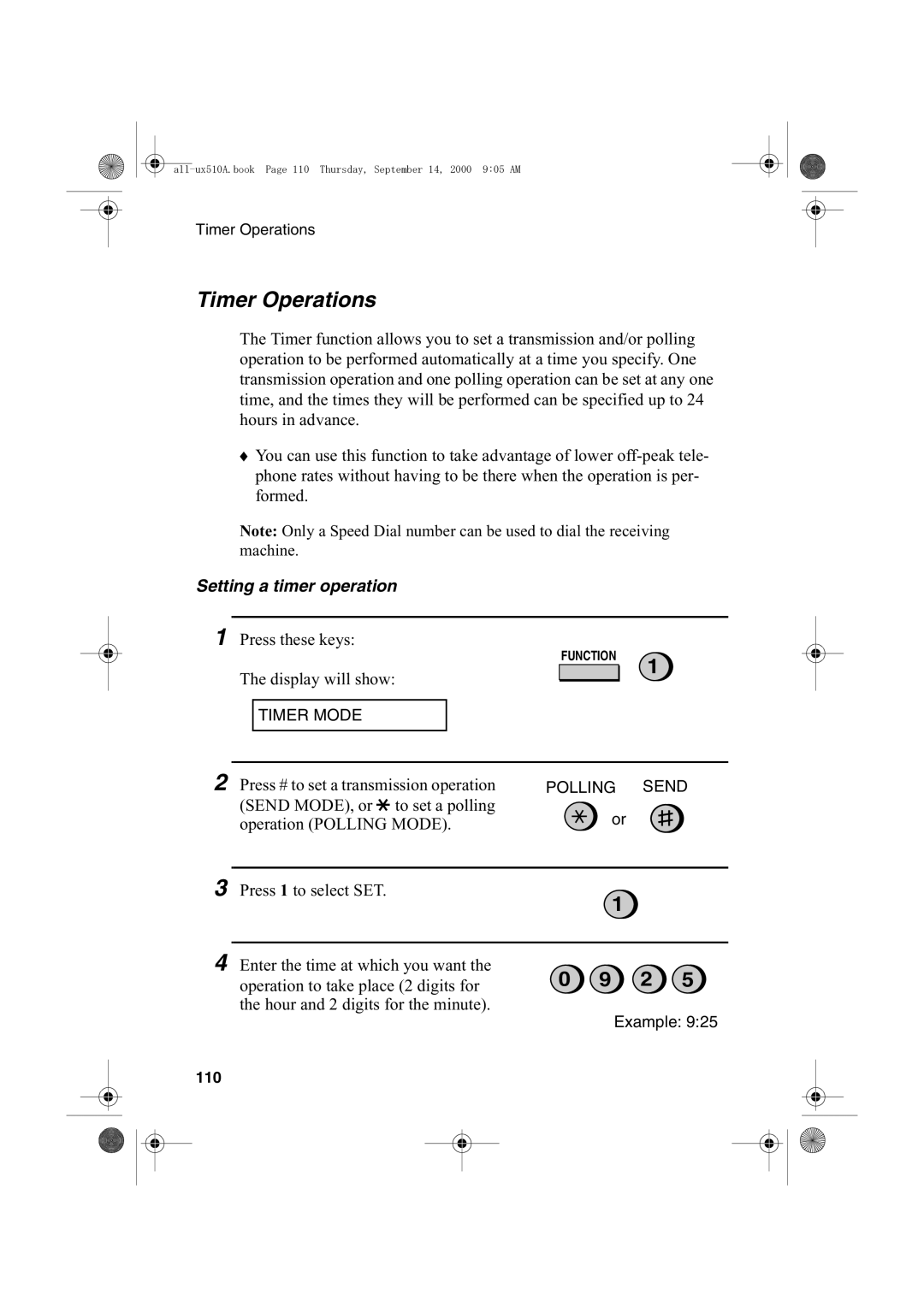 Sharp FO-1470 operation manual Timer Operations, Setting a timer operation, 110 