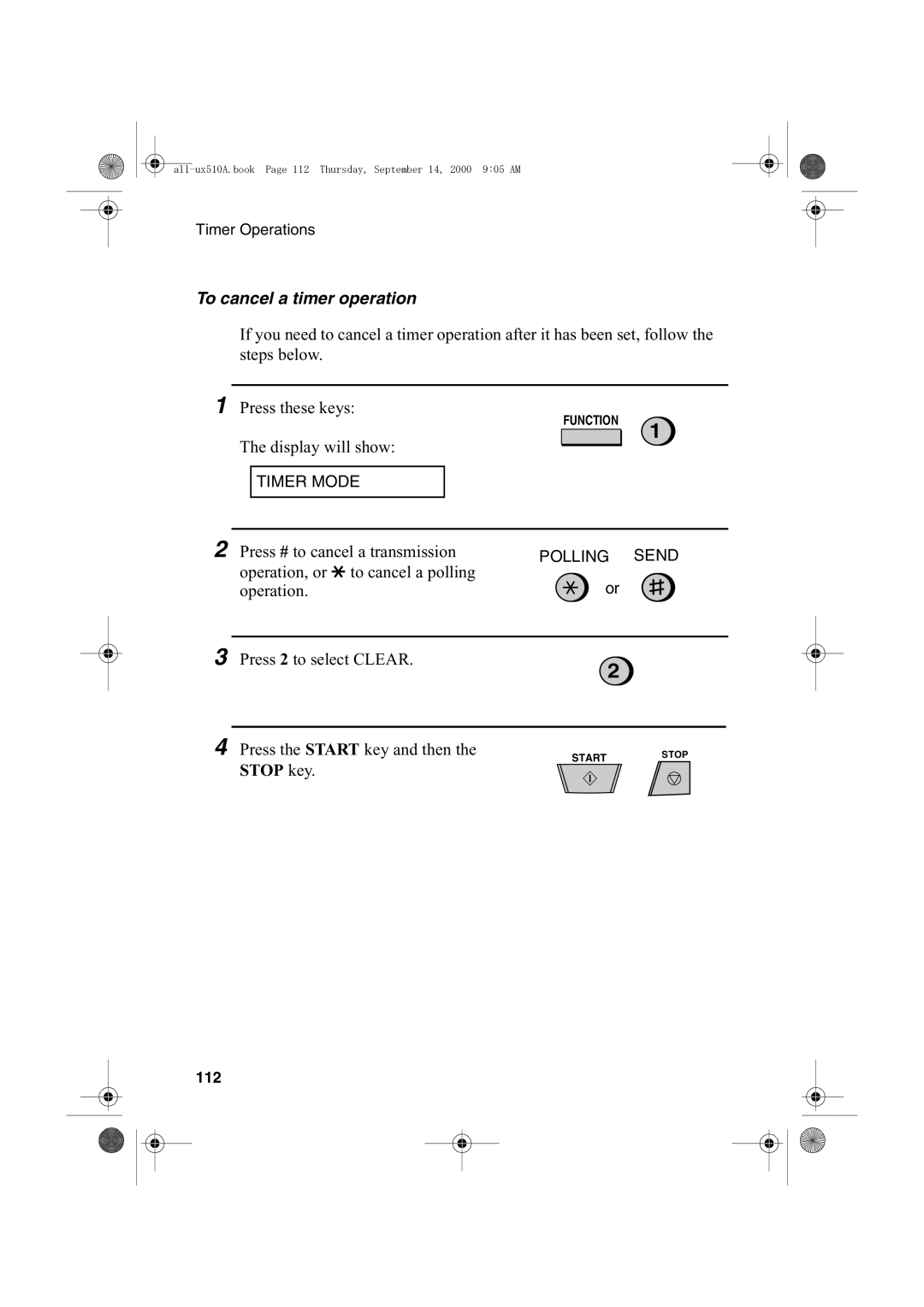 Sharp FO-1470 operation manual To cancel a timer operation, 112 