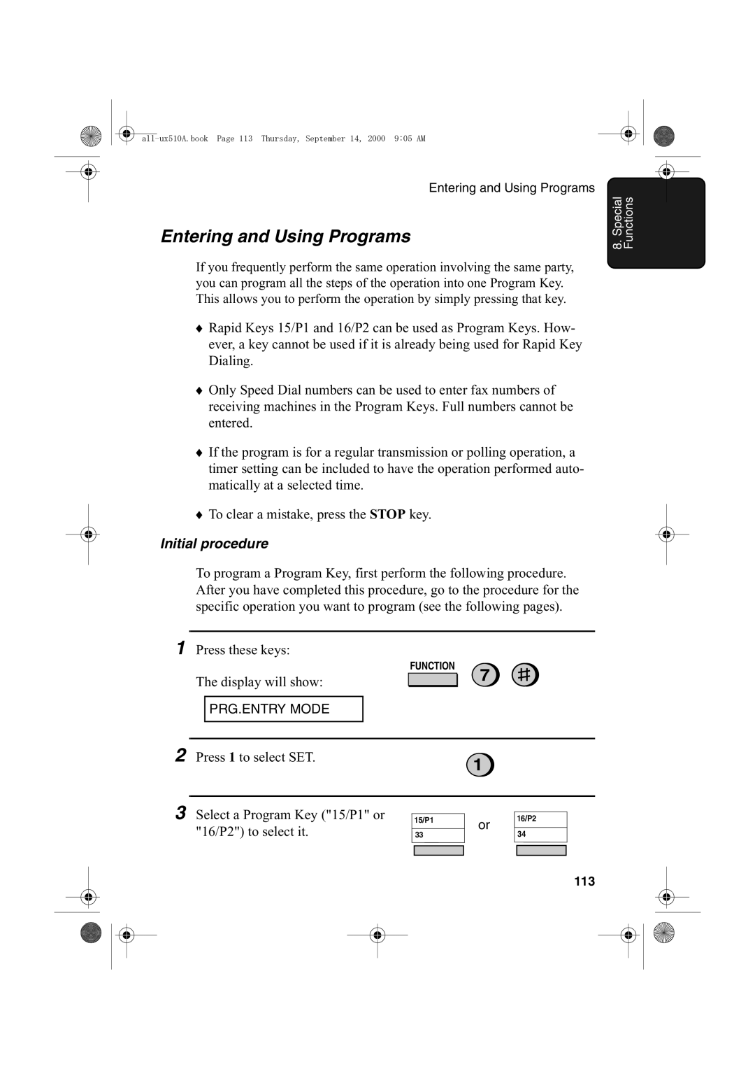 Sharp FO-1470 operation manual Entering and Using Programs, Initial procedure, 113 