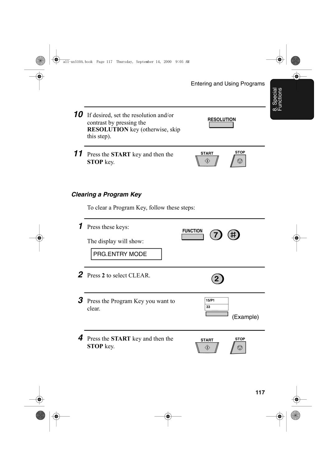 Sharp FO-1470 operation manual Clearing a Program Key, 117 