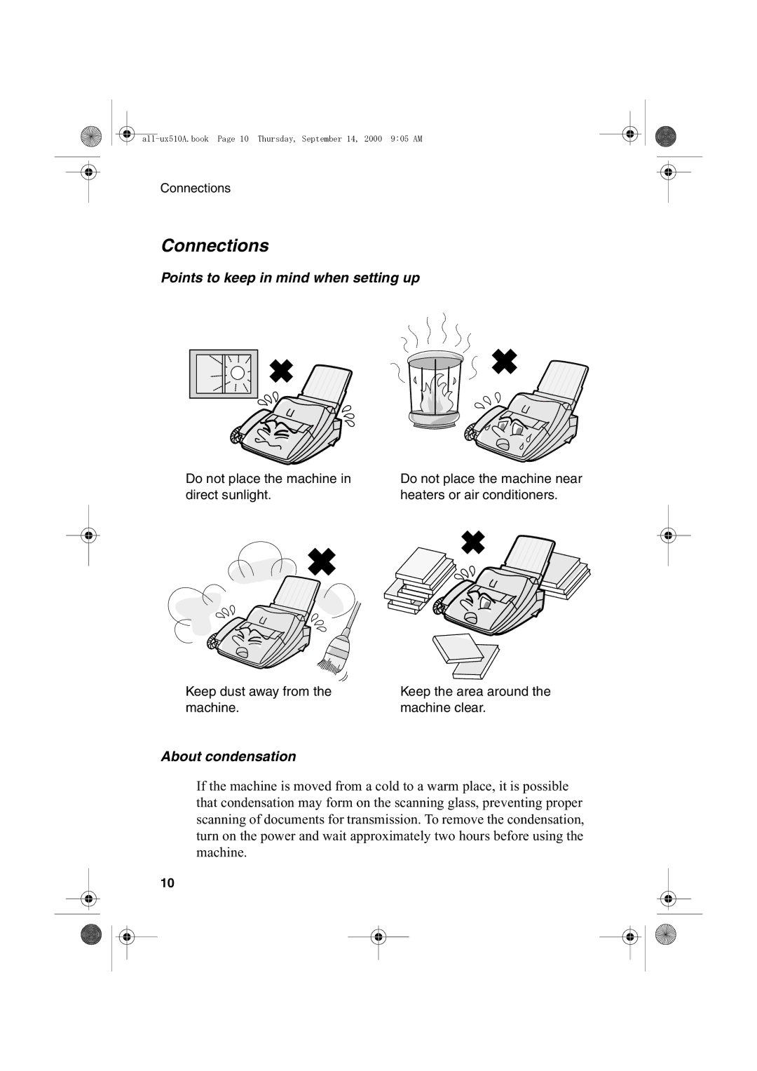 Sharp FO-1470 operation manual Connections, Points to keep in mind when setting up, About condensation 