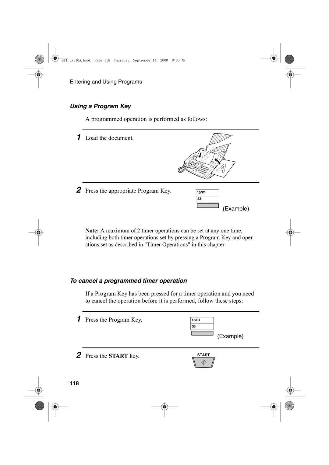 Sharp FO-1470 operation manual Using a Program Key, To cancel a programmed timer operation, 118 