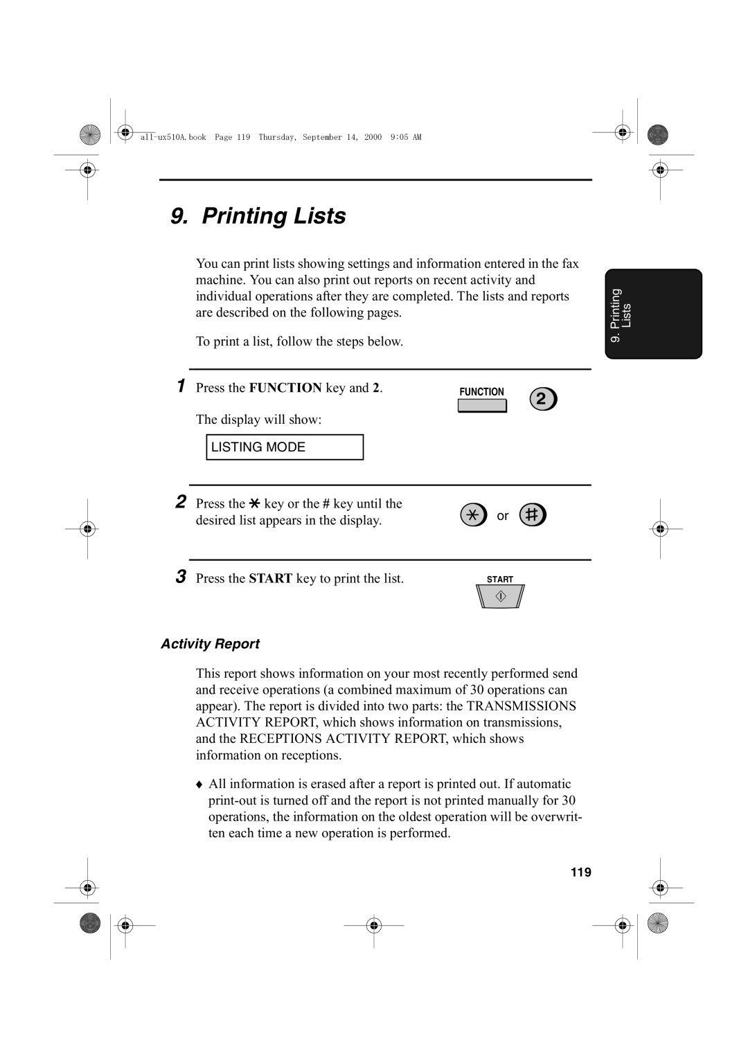 Sharp FO-1470 operation manual Printing Lists, Activity Report, 119 