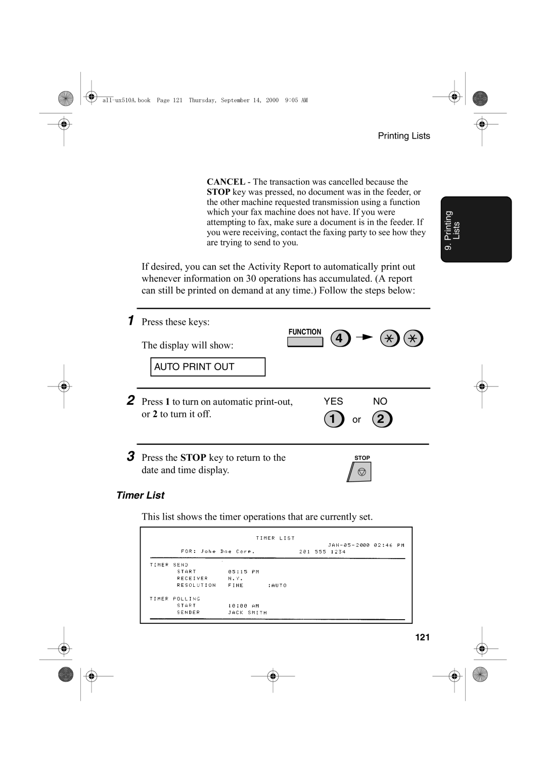 Sharp FO-1470 operation manual Timer List, 121 